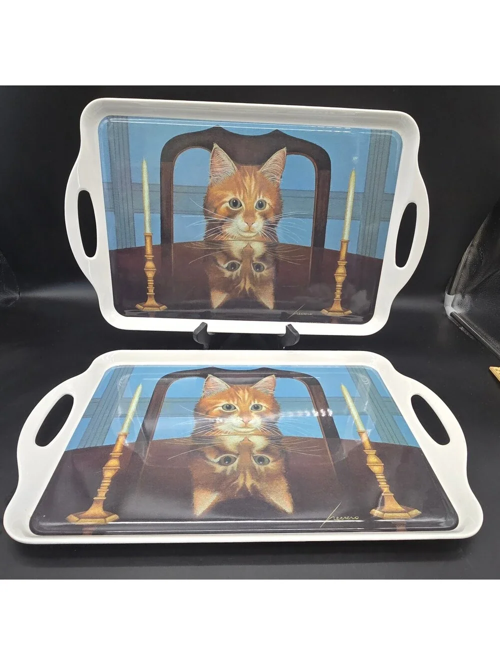 Vintage Temark Melamine Serving Trays Pair Lowell Herrero Lord Buffington Cat